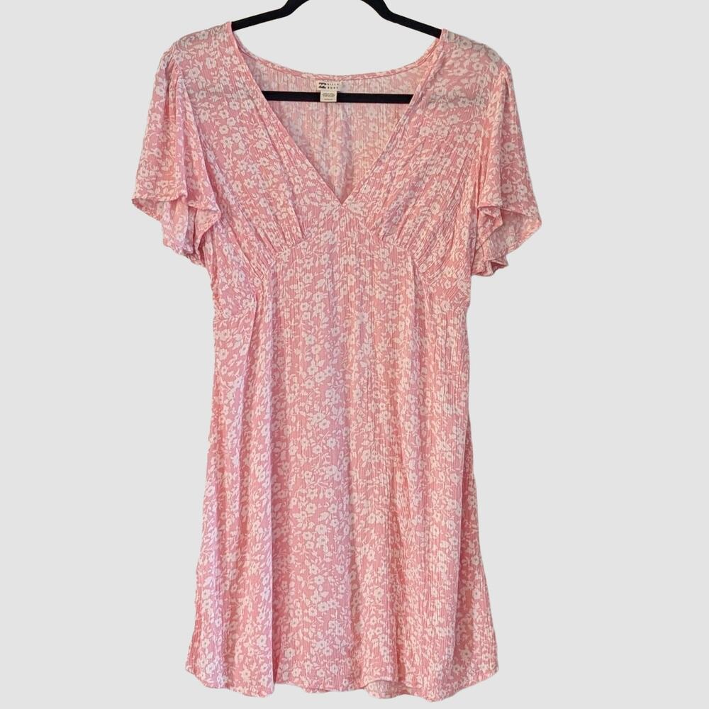 Billabong Short and Sweet Floral Mini Dress M Pink Flutter Sleeve